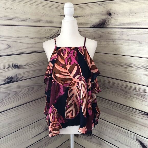 Mossimo Navy & Pink Floral Tropical Ruffle Tank Small - Picture 1 of 6
